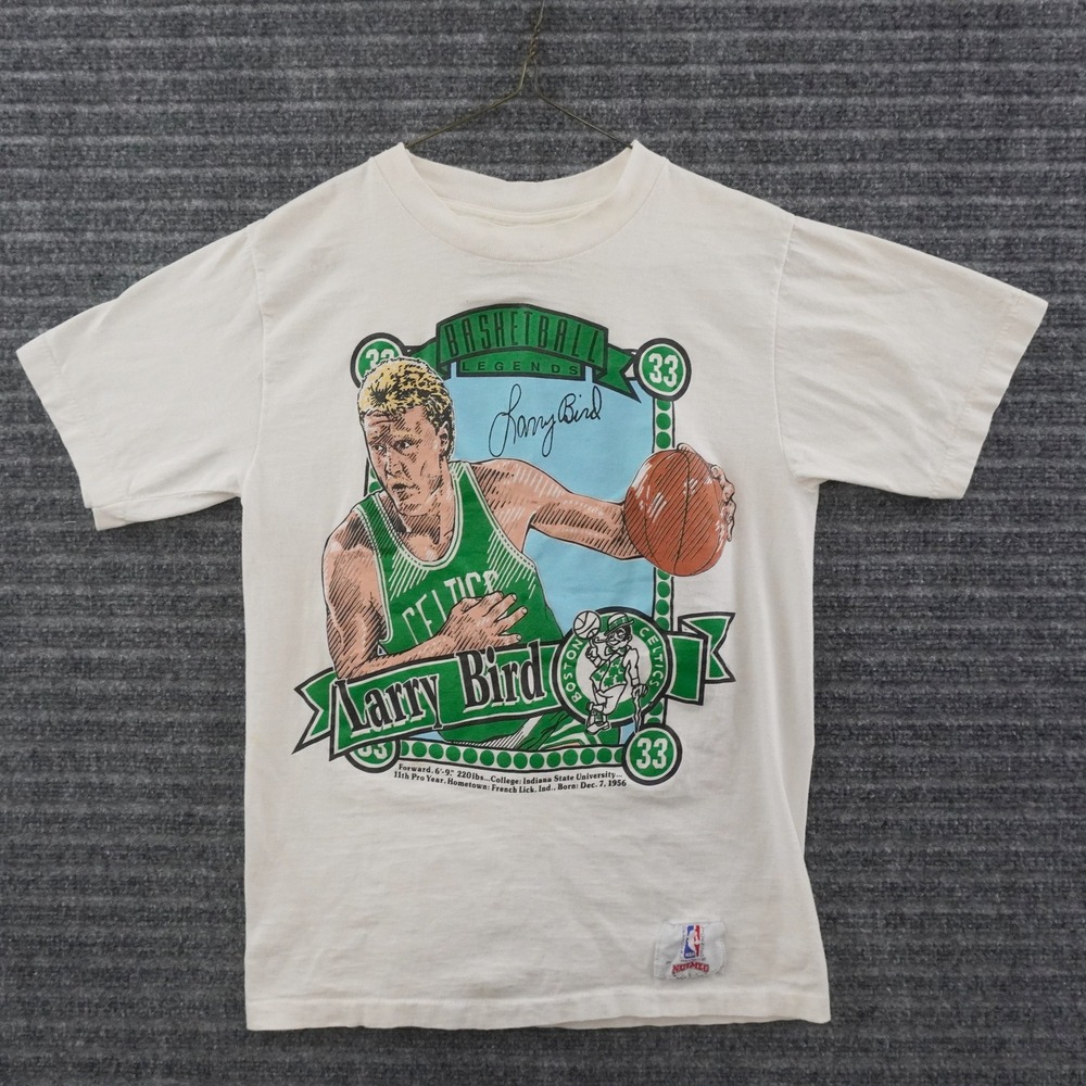 Vintage 90s Nutmeg Larry Bird T Shirt Mens Small White Boston Celtics NBA Tee